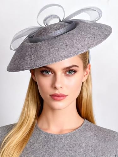 Wide Brim Church Hat for Women - Elegant Kentucky Fascinator with Bow Mesh,Bridal Wedding Tea Party Derby Formal Top Hats - color: Gray