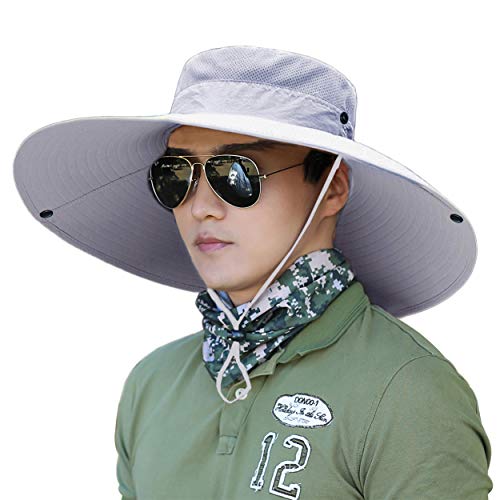HUAMULAN Men Wide Brim Sun Hat Summer Outdoor Women Bucket Fishing Hats - color: Hn004-lightgray