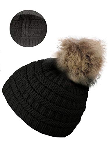 C.C Children's Kids' Soft Stretch Cable Knit Faux Fur Pom Beanie Hat - color: Black