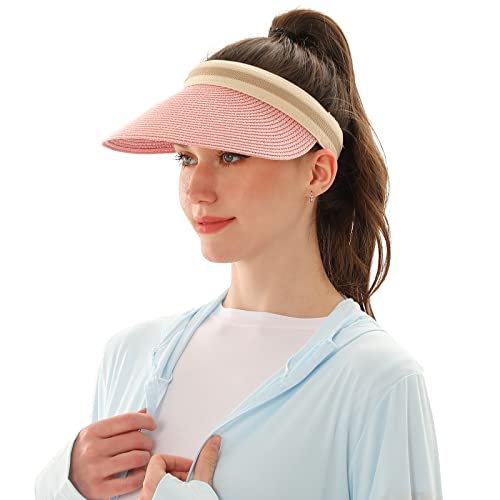 Women Summer Sun Hat Lady's Portable Beach Visor Bowknot Straw Hat - color: Pink