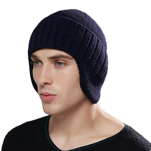 Home Prefer Mens Winter Hat Knit Earflap Hat Stocking Caps with Ears Beanie Hat - color: Navy Blue