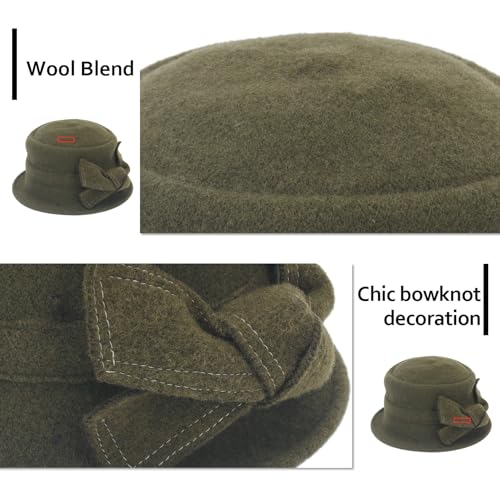 Women 1920s 100% Wool Vintage Cloche Bucket Winter Hat with Bow Knot and Flower - color: Knot-army Green