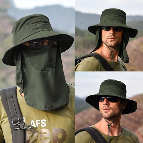 Rosoz Sun Hats for Men Women UPF 50+ Breathable Wide Brim Summer Fishing - color: Army Green(with Face Cover & Neck Flap )