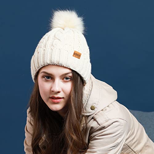 REDESS Women Winter Pompom Beanie Hat with Warm Fleece Lined Thick Slouchy Snow Knit Hat Skull Ski Cap - color: Dark Pink