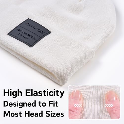 VINTAGE HAVANA Beanie for Women & Men | Thick Cuffed Knitted Winter Hat Beanies Unisex Skull Caps| Vintage Logo Patch - color: Off-white