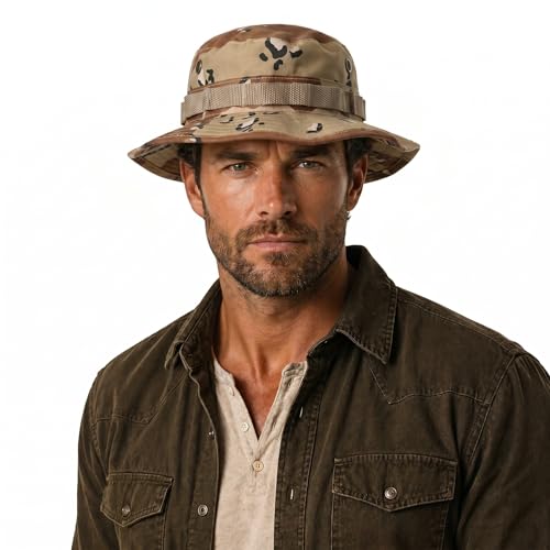Tactical Boonie Hat Military Bucket Cap Camo Digital or Solid Wide Brim Sun Fishing Bush Booney Hunting Headwear - color: Desert Camo, size: 7 3/4