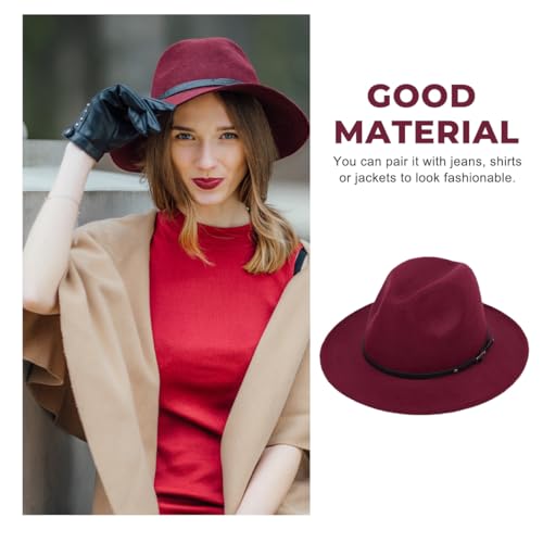 Unisex Womens Mens Adjustable Classic Wide Brim Belt Buckle Fedora Hat Felt Panama Hat Church Jazz Cap - color: Wine Red, size: Medium-Large