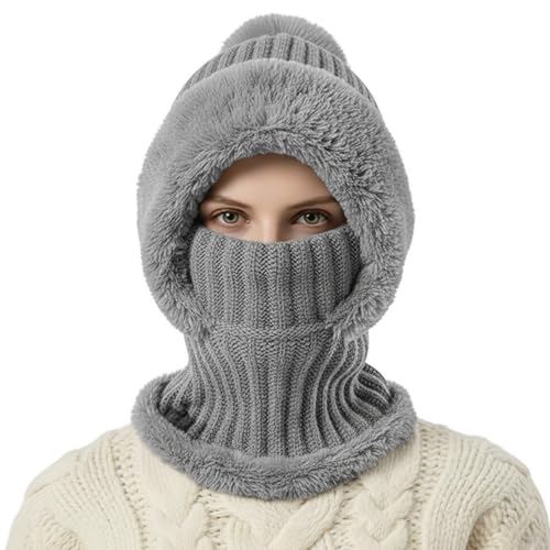 AQOKKA 3 in 1 Knit Fleece Lined Beanie Hat with Scarf and Mask Warm - color: Grey