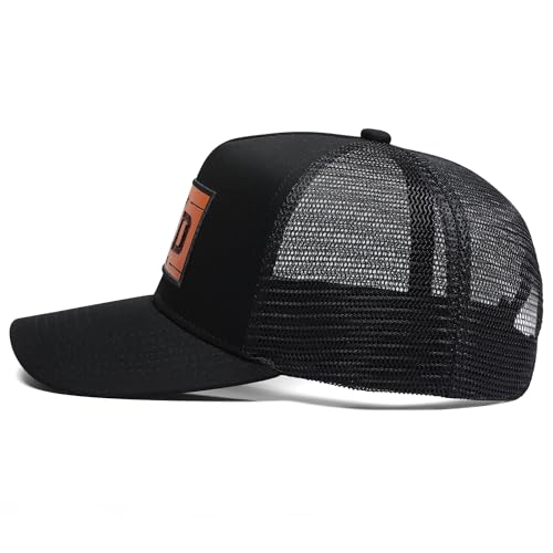 Dad EST.2026 Trucker Hat Baseball Cap for Men, Leather Patch Unique Dad Gifts Perfect Fathers Day Birthday Christmas - color: Black