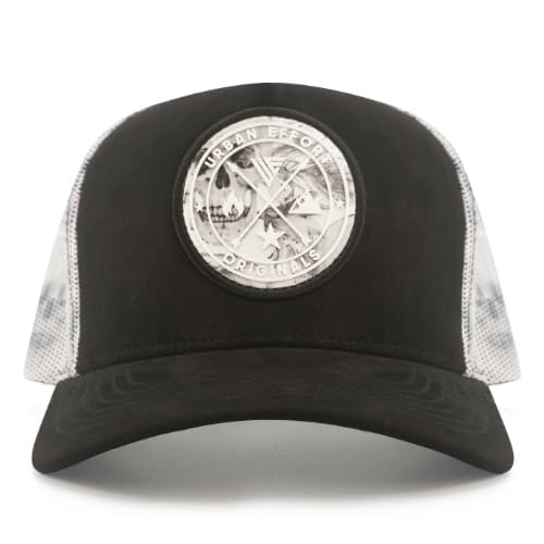 Urban Effort Trucker Hat for Men & Women, Mesh Back Baseball Cap, 5 Panel - color: Black + Skull Patch, style: Mesh Back