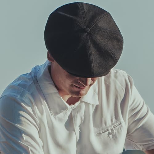 Sterkowski Peaky | 100% Wool Newsboy Cap for Men and Women | Warm Classic Elegant Paperboy Cap - color: Black, size: 7 1/2