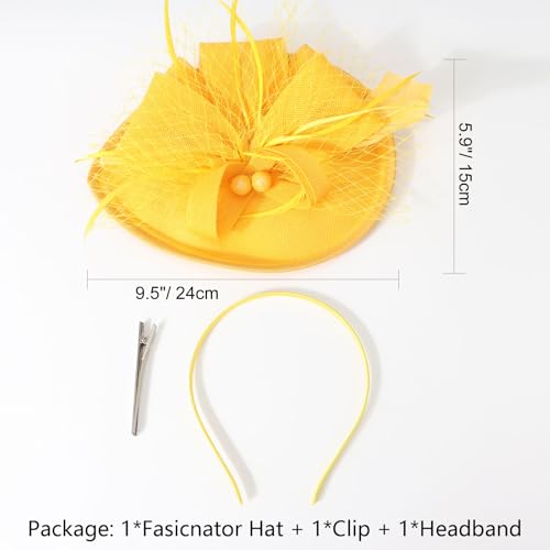 AQOKKA Women Fascinators Hats Flower Mesh Feathers Headband Clip - color: 1 Pc Feather Fascinators : Yellow