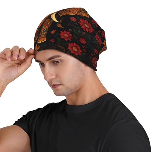 Slouchy Beanies Skull Caps for Women Men, Cool Running Hat Soft Night Caps for Sleeping Chemo Headwear - color: Black Golden Floral Elephant