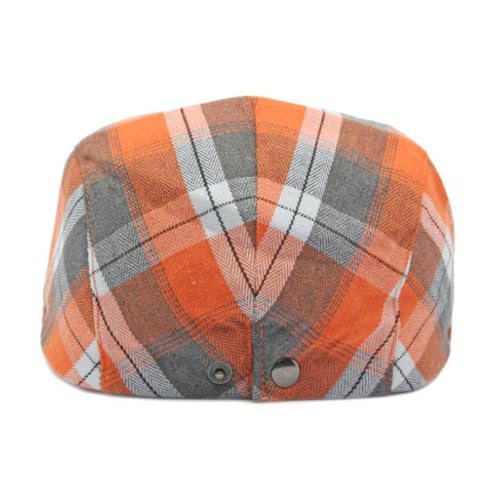 Mens Plaid Newsboy Flat Cap Ivy Gatsby Driving Hunting Cabbie Hat - color: Orange-plaid a