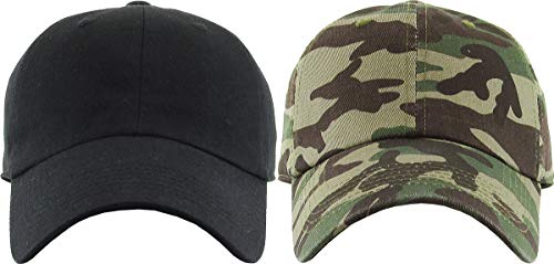 KBETHOS Classic Unisex Cotton Adjustable Low Crown Baseball Cap – Plain Dad Hat - color: Black + Camo (2 Pack)
