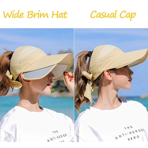 Peicees Wide Brim Visor Hat for Women Golf Visor Cap Sun Protection Hat for Beach Garden Tennis Running Sunshade Hat - color: A-khaki