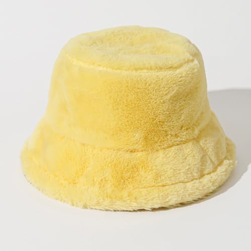 Quanhaigou Winter Faux Fur Bucket Hat,Fuzzy Warm Hat for Women Men, Fluffy Fisherman Cap - color: Plain Light Yellow