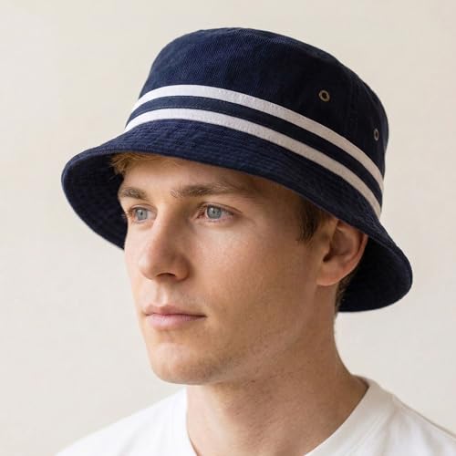 Cotton Bucket Hat Packable Sun Hat – Unisex Summer Travel Beach Fisherman Hat for Men Women Outdoor Fishing Hiking - color: 0. Band -Navy, size: Large-X-Large