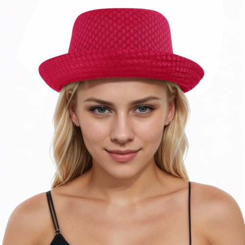 Soft Cool Mesh Fedora Hat Short Brim 1920s Classic Pork Pie Hat Summer Beach Panama Derby Cap for Men Women - color: Red