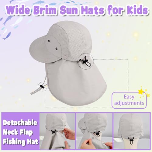 Kids Sun Hat with Detachable Neck Flap for Boys & Girls Wide Brim Fishing Hat for Kids Water Resistant UV Protection - color: 1 Pack-light Gray