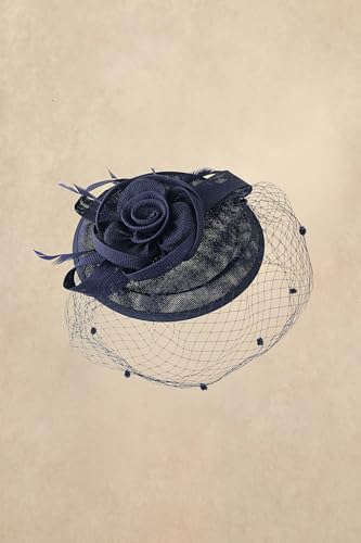 BABEYOND Fascinators Hats for Women Flower Veil Feather Pillbox Derby Hat - color: Navy Blue