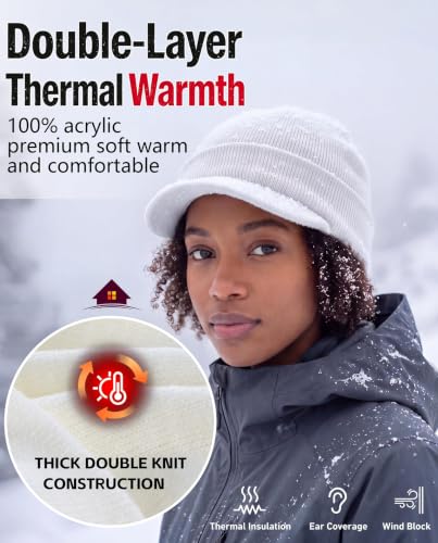 Home Prefer Men's Winter Beanie Hat with Brim Warm Double Knit Cuff Beanie Cap Watch Radar Hat - color: White