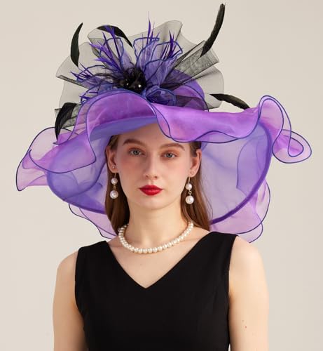 Women Derby Church Hat Organza Flower Wedding Tea Party Fascinator Wide Brim Sun Hat - color: 10-violet