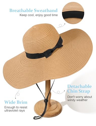 Floppy Sun Hats for Women, Summer Wide Brim Straw Beach Hat - color: Khaki, size: Large
