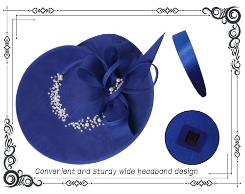 dressfan Vintage Fascinator Hats for Women,Linen Pearl Fascinator for Derby Church Wedding Tea Party - color: Royal Blue