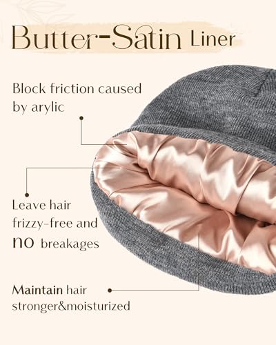 YANIBEST Satin Lined Beanie for Women, Reduce Frizz Winter Hats - color: Ad-dark Grey
