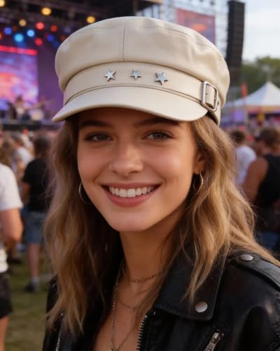 BOLLEY JOSS Womens Fashion Newsboy Cap Faux Leather Bakerboy Hat Stars Buckle Beret Paperboy Fiddler Captain Sailor Hats - color: Off-white