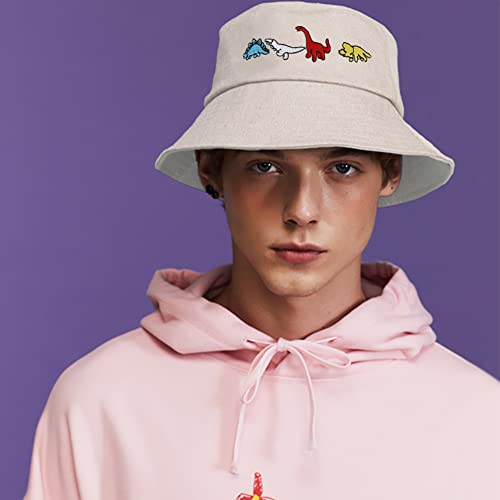 XYIYI Fashion Embroidery Bucket Hat Cotton Beach Fisherman Hats for Women Girls - color: Little Dinosaur Beige