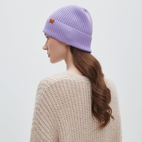 100% Merino Wool Cuff Beanie Hat, Unisex Warm Winter Caps Soft, Breathable & Cozy Stretchy Knitted Cuffed Cap - color: Light Purple
