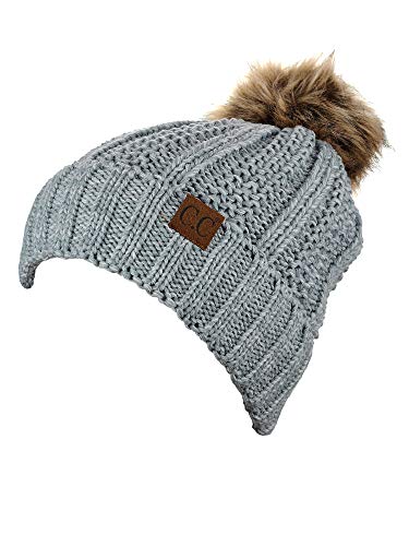 C.C Thick Cable Knit Faux Fuzzy Fur Pom Fleece Lined Skull Cap Cuff Beanie - color: 2 Tone Gray