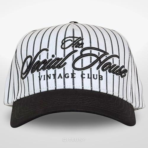 Vintage Fashion Trucker Hat | Men & Women | Trendy Cute Retro Red Caps for Country & Western | Camo Fur Cotton | Snapback - color: The Social House | Black Pinstripe