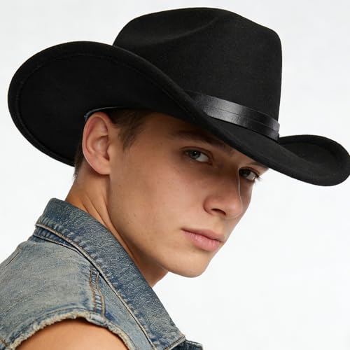 IZUS Men Classic Western-Cowboy-Hat Women Rodeo-Cowgirl-Hat Roll-Up-Brim Felt-Hats for Western-Wedding/Country-Party M/L