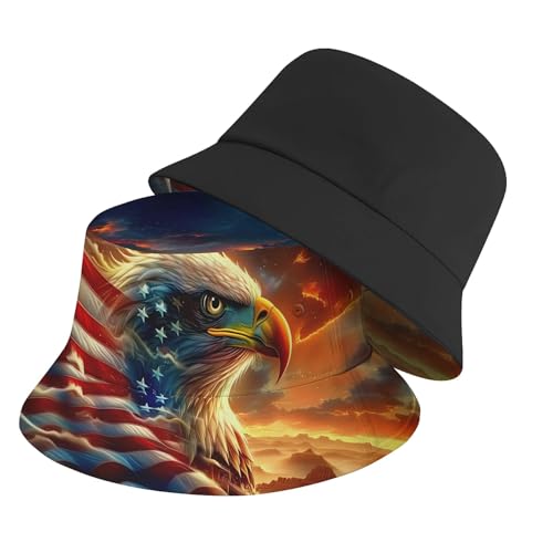 Amasnay Funny Bucket Hat Cotton Double-Side-Wear Reversible Sun Hat for Women Men, Summer Vacation Travel Beach Fisherman Hat - color: Gold Eagle American Flag