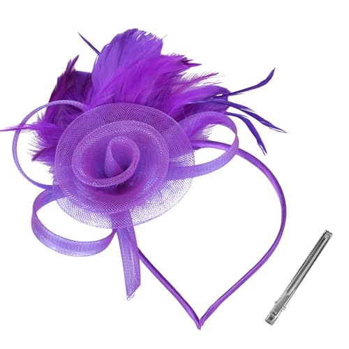 Tulle Flower Fascinators Hats for Women 2025 Derby Outfits for Women Tea Party Derby Hats - color: Purple