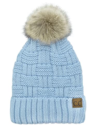 C.C Knit Beanie Hat – Fuzzy Fleece Lined Warm Winter Hat, Faux Fur Pom Soft Stretchy Slouchy Knit Cap, Cold Weather Beanie - color: Sky Blue