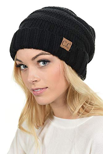 C.C Hat-100 Oversized Baggy Slouch Thick Warm Cap Hat Skully Cable Knit Beanie - color: Black