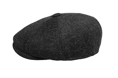 8 Panel Wool Blend Newsboy Cap – Classic Tweed & Herringbone Baker Boy Hat for Men & Women - color: Black Herringbone, size: Medium