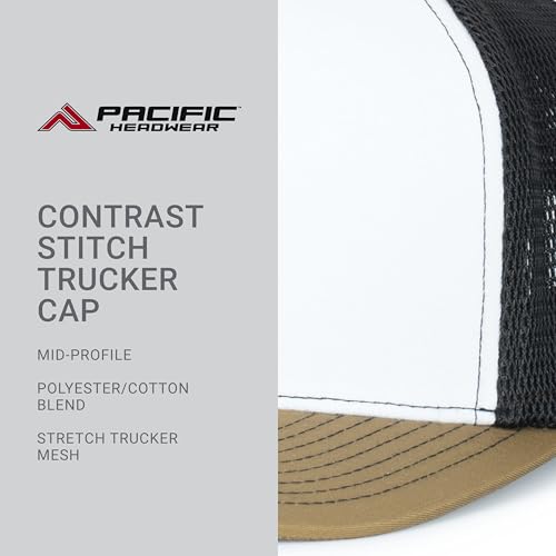 Pacific Headwear Contrast Stitch Trucker Pacflex Snapback Cap - color: White/Light Charcoal/Buck