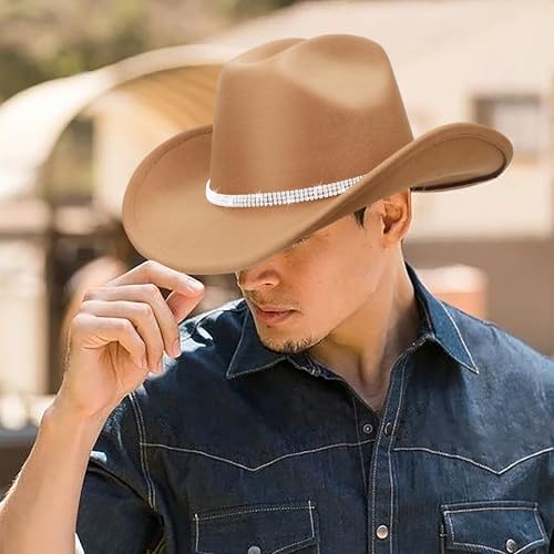 Western Cowboy Hats for Women Classic Felt Wide Brim Fedora Hat with Belt Buckle Retro Panama Hat Unisex Rolled up Cap - color: 1 Pack : Camel With 3 Rhinestones Bands