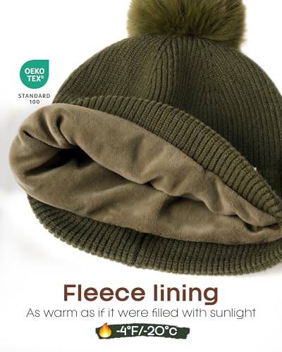FURTALK Pom Pom Winter Hats for Women Fleece Lined Slouchy Warm Beanie Skull Cap - color: Green