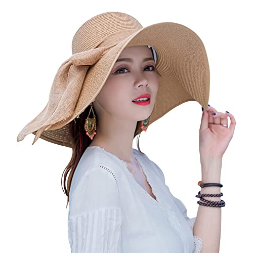FSIGOM Women's Folable Floppy Hat,Wide Brim Sun Protection Straw Hat, Summer UV Protection Beach Cap - color: C1-f-khaki, size: Large