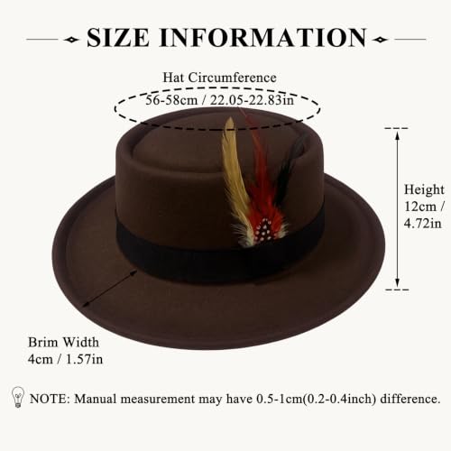 Classic Pork Pie Hat with Feathers Flat Top Fedora, Vintage Panama Hats, Warm Comfortable Jazz Cap - color: Coffee