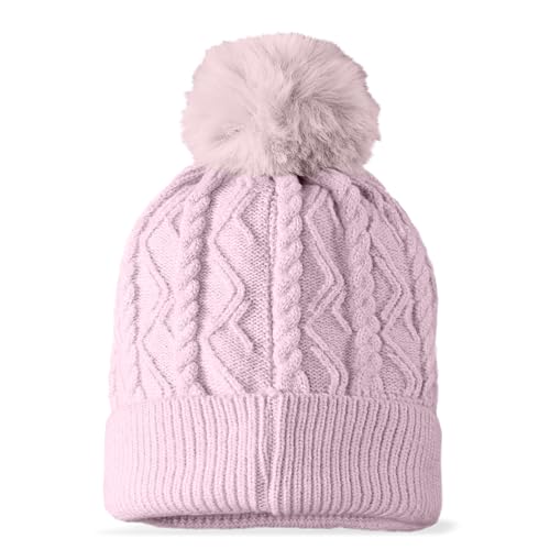DALIX Cable Knit Pom Beanie Soft Stretch Skully Warm Fuzzy Faux Sherpa Winter Ski Beanie - color: Orchid