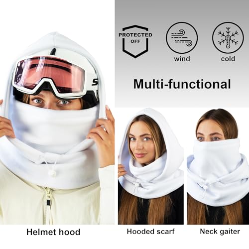 Fleece Balaclava Over Helmet - Warm Helmet Ninja Hood - Snowboard Hooded Hat Neck Gaiter Ski Mask - color: White, size: One Size