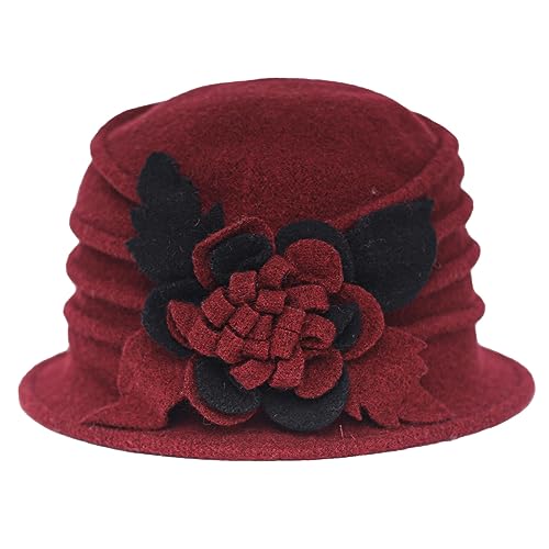 Women 1920s 100% Wool Vintage Cloche Bucket Winter Hat with Bow Knot and Flower - color: Flower-burgundy