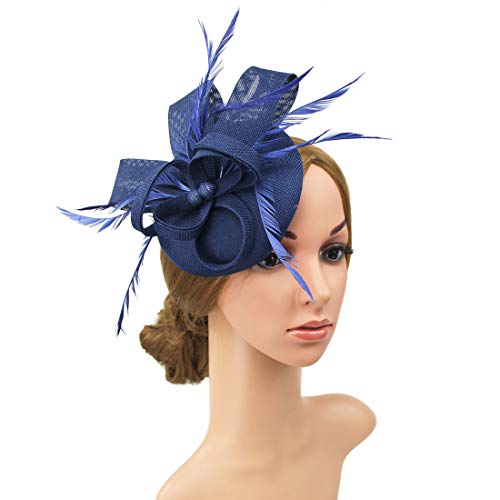 Specell Women's Handmade Tea Party Fascinator Hat, Pillbox Derby Hat with Feather Hair Clip, Elegant Formal Fashion Headwear. - color: A-a-navy Blue